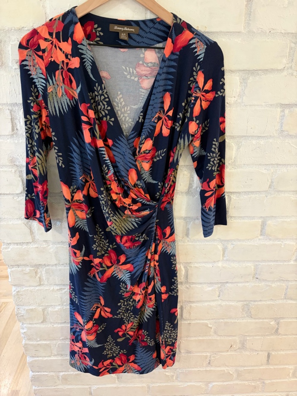 Tommy Bahama Navy Floral Wrap-Style Dress with Red & Coral Blooms
(B2)